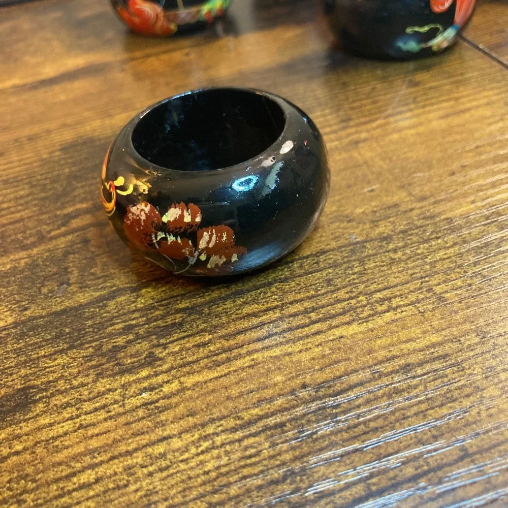 Vintage Russian Palekh Khokhloma Lacquer Napkin Rings Hand Painted Folk Art 6pc